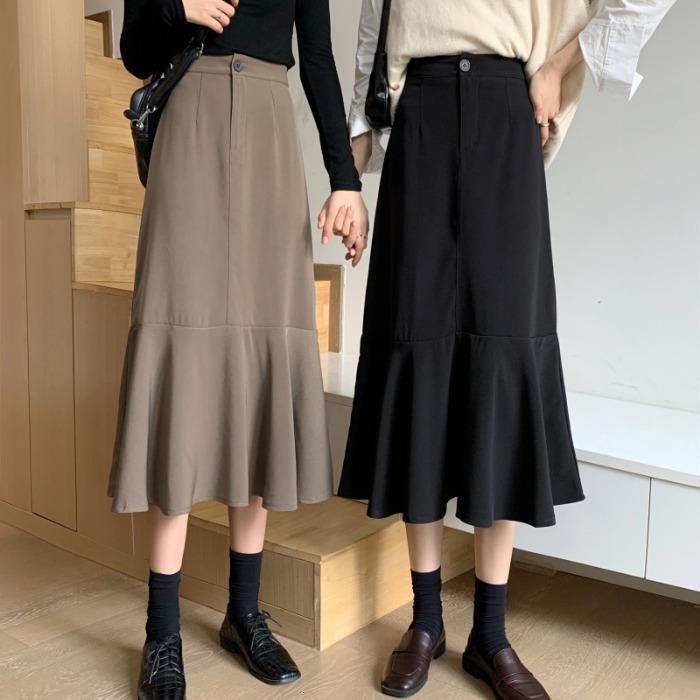 Casual Dresses High Waist Fashion Mermaid Long Skirts Office Work Style Black & Khaki Size S M L Lady Spring Skirt Outdoor OWLT