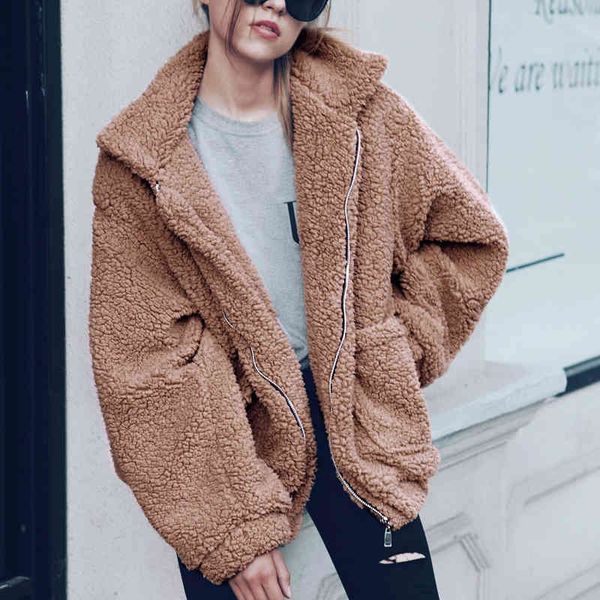 Women Lambswool Jacket Autumn Winter Warm Zipper Coat with 2 Pocket Casual Outerwear Camel Hairy Overcoat Plus Size 210419