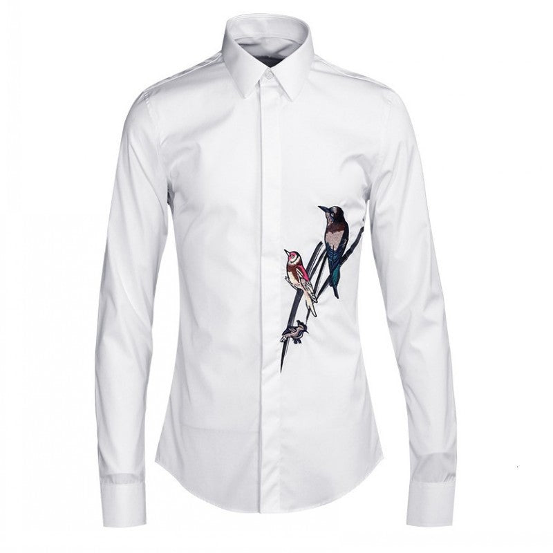 Men&#039;s Dress Shirts Mens Birds Embroidery Office Work Formal Shirt White Black Plus Size Wedding Man Spring Cotton Long Sleeve Top