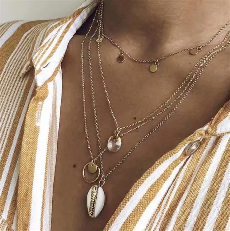 Bohemian Sea Shell Pendant Necklaces For Women Gold Color Multi Layer Long Charm Chain Necklace Choker Wedding Party Jewelry