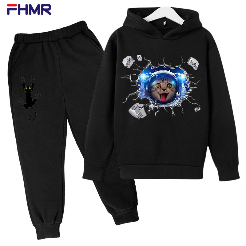 Spring and Autumn Hoodie Space Cat Printed A Suit of Clothes Boy-Girl Sweatshirt Pullover Children&#039;s wear Sportwear Tracksuit pant sets