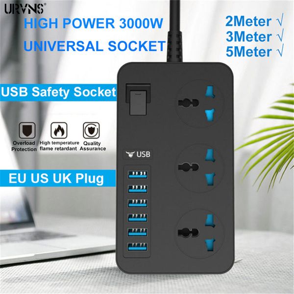3000W AC Extension Power Socket Electrical Srtip with 6 USB Ports 3 Way Outlet Adapter Surge Protection Travel Charger