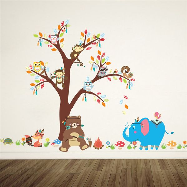 Cartoon Forest Animals Owl Monkey Bear Elephant Tree Wall Stickers For Kids Rooms Boys Children Bedroom Wall Decals Home Decor 210420