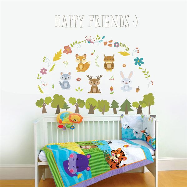 happy forest animals rabbit dear tree wall sticker for kids rooms children sofa home decor wall decal poster mural 210420