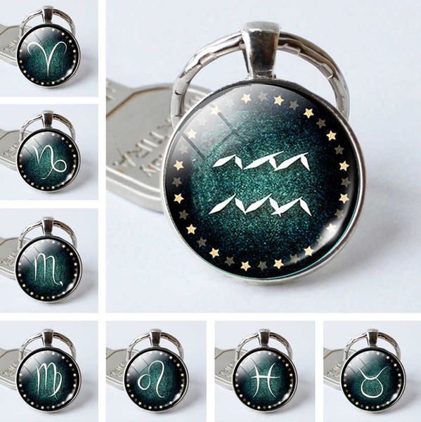 free ship Twelve Constellation Glass Keychain Pendant Jewelry gift Key Rings GSKR396 mix order 20 pieces a lot keychains