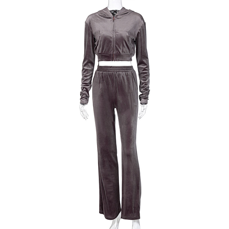 Women&#039;s Tracksuits Velvet Women 3 Piece Set Hoodie Sweatshirt Zipper Tube Crop Top High Waist Wide Leg Pants Tracksuit Sporty Casual Outfit