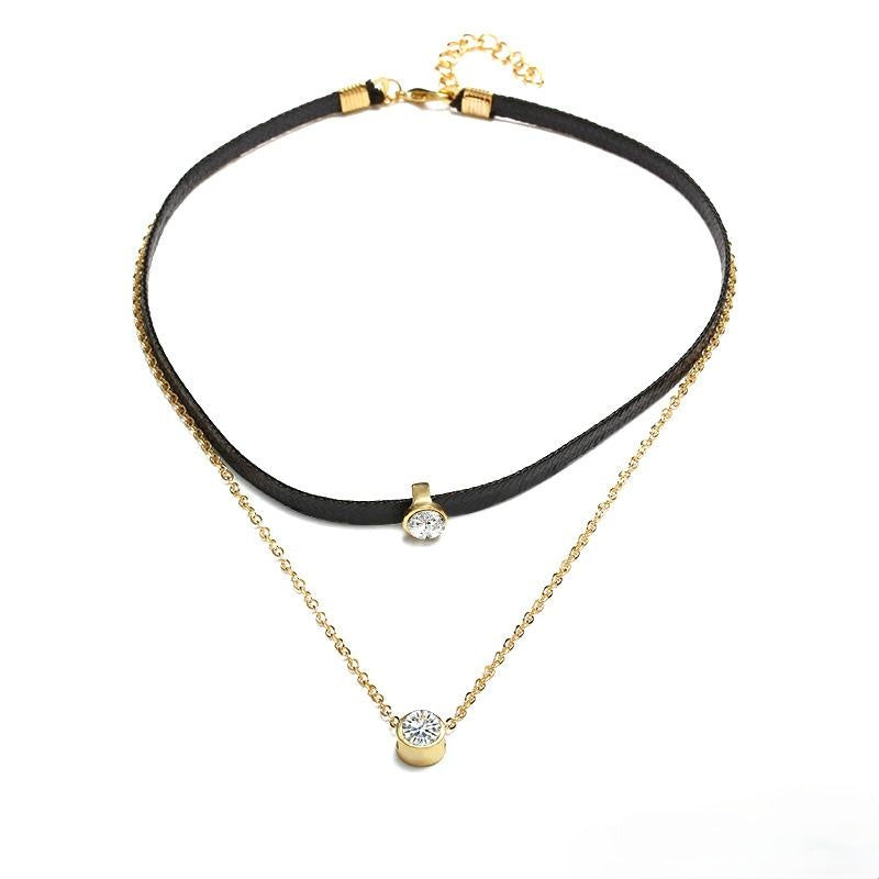 Women Trendy Zircon Chokers Necklaces Double Black Leather Rope Chian Alloy Neck Gold