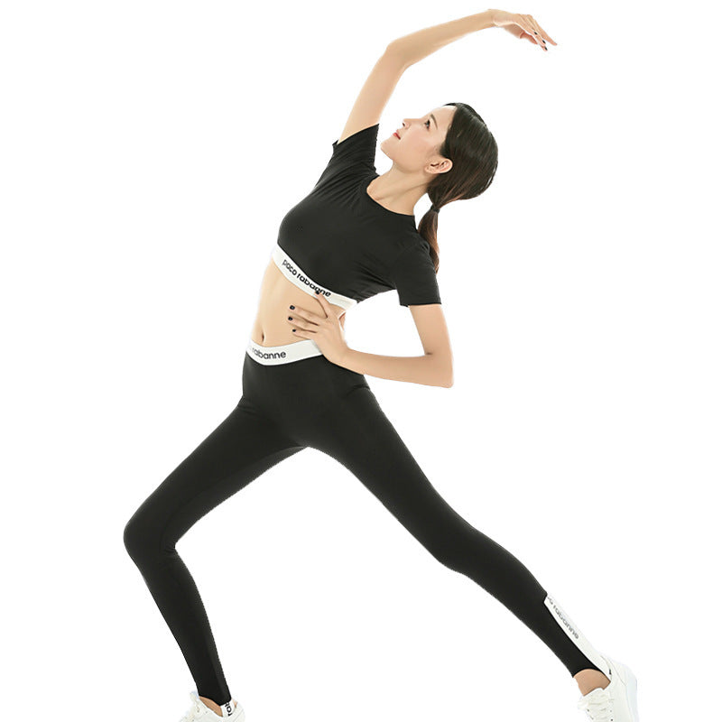 Yoga Fitness Merlot Cross Round Neck Short Sleeve Leggings Running Pants Suit Women