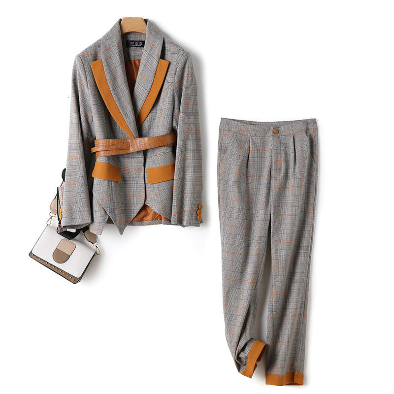 pants woman sets autumn winter office lady elegant plaid belt blazers + pencil pants suit set 2 piece outfits women JC291