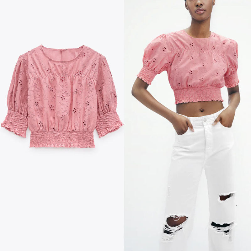 blouses Embroidery Cropped Blouses Women Short Sleeve Smocked Elastic Openwork Embroidered Top Pink Pleated Summer Shirt