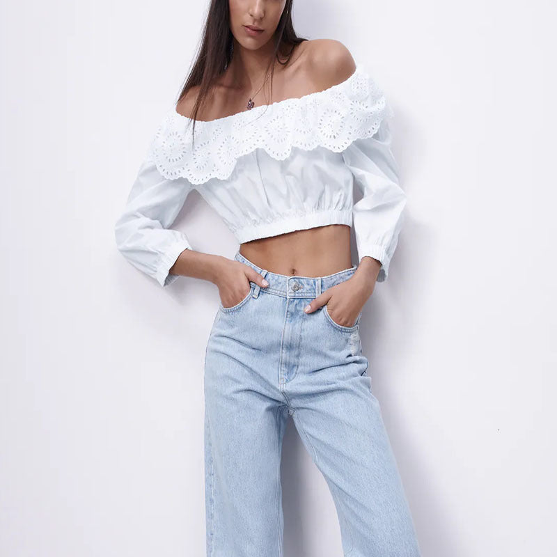 blouses Women White Embroidered Eyelet Cropped Blouse Long Sleeve Elastic Spring Shirt Female Chic Vintage Hollow Out Poplin Top