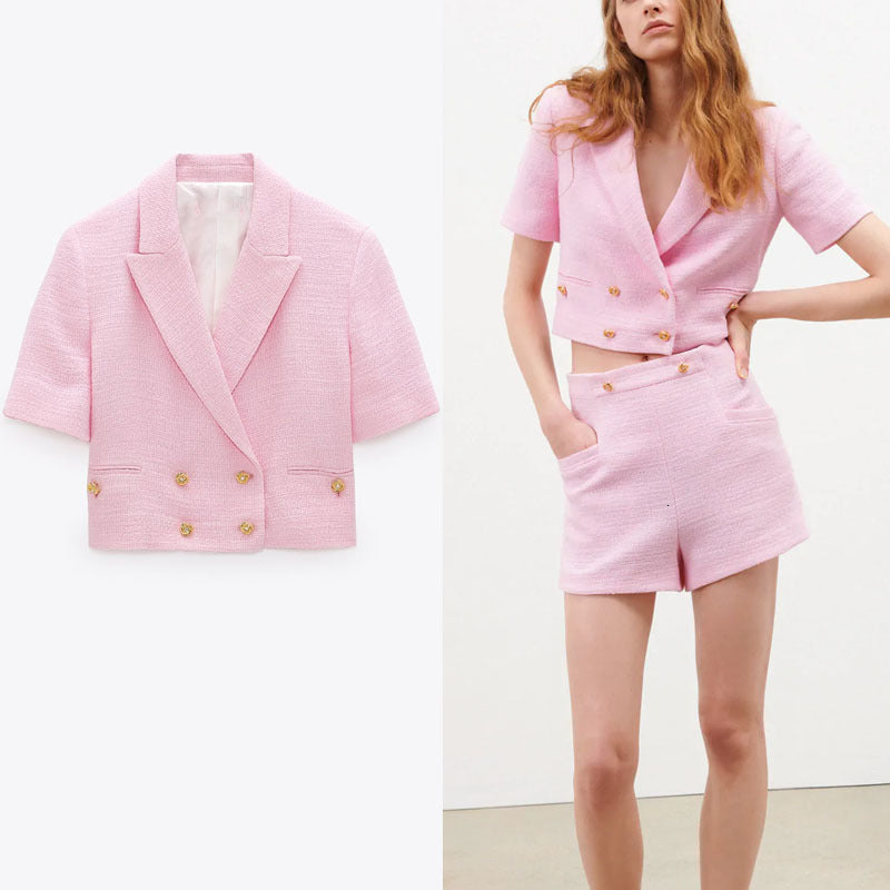 blazers Women Pink Textured Weave Cropped Blazer Spring Elegant Short Sleeve Office Lady Coat Blazers Woman Double Button Top