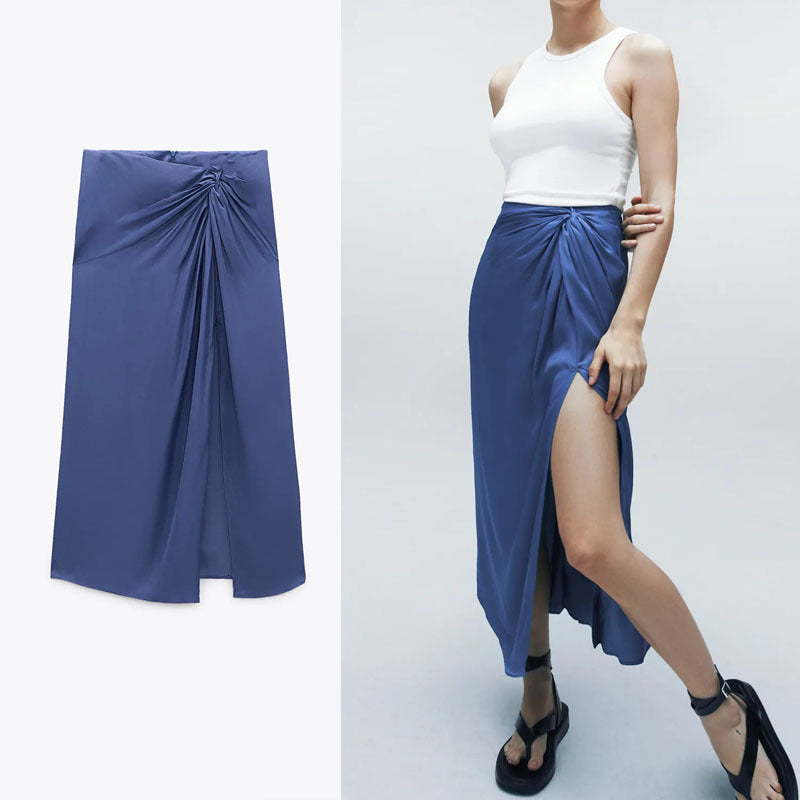 dresses Satin Knotted Blue Women High Waist Front Slit Vintage Midi Skirts Woman Fashion Back Hidden Zip Pleated Skirt