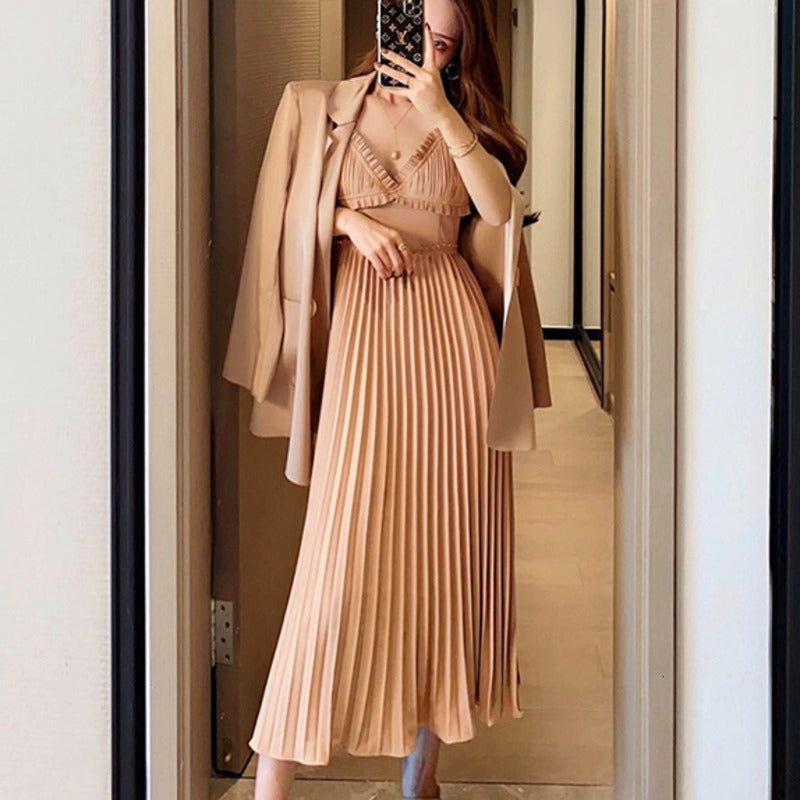 skirt Spring Autumn Korean Two For Women Solid Casual Blazers Pleated Long Dress Suits Female Office Lady 2 Piece Set HDN6