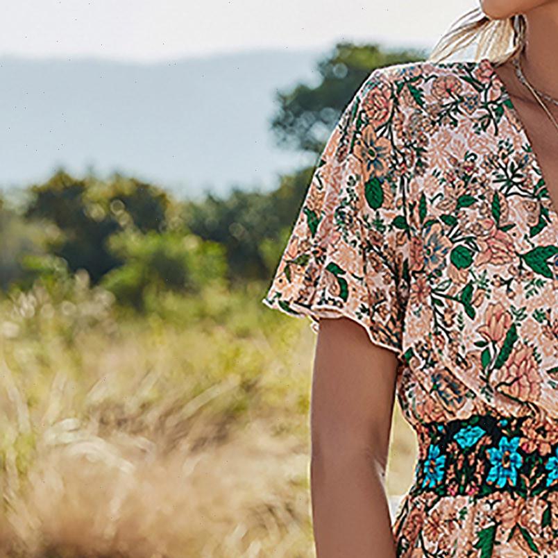 Womens Women Dresses Printed Retro Dress V neck Fashion Short Sleeves Draped Stitching Ethnic Ropa Mujer