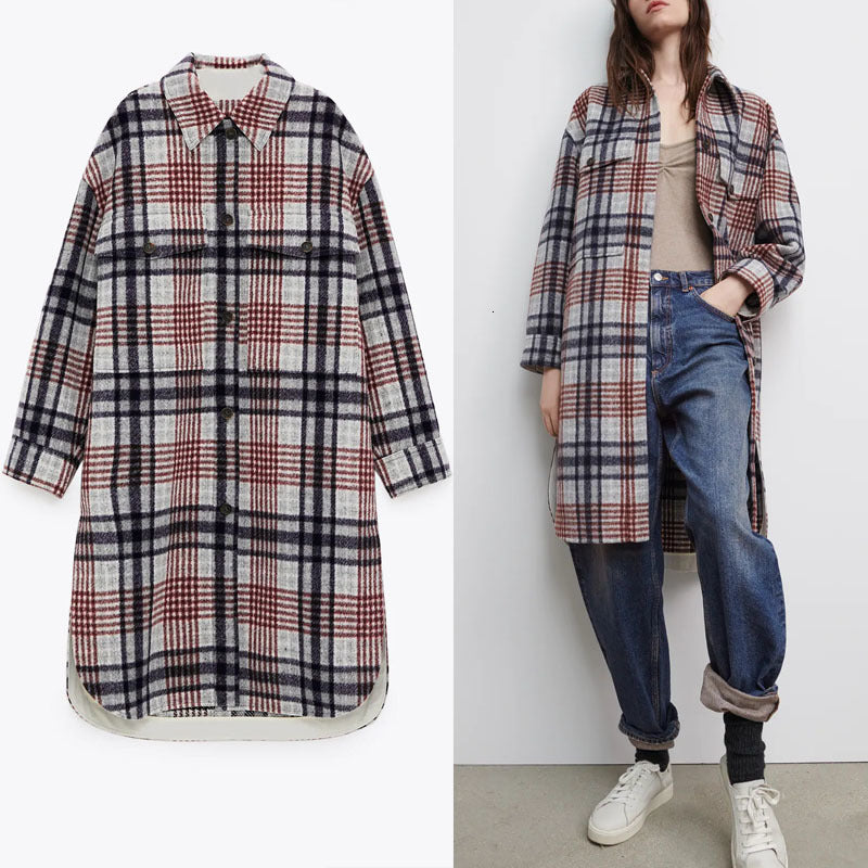 dresses ZA Long Plaid Overshirt Women Patch Pockets Side Vents Hem Office Lady Top Female Fashion Button Plus Size Fitted Shirts