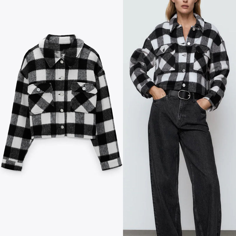 dresses Cropped Plaid Overshirt Women Vintage Long Sleeve Lapel Collar Office Lady Shirt Woman Fashion Front Patch Pockets Top