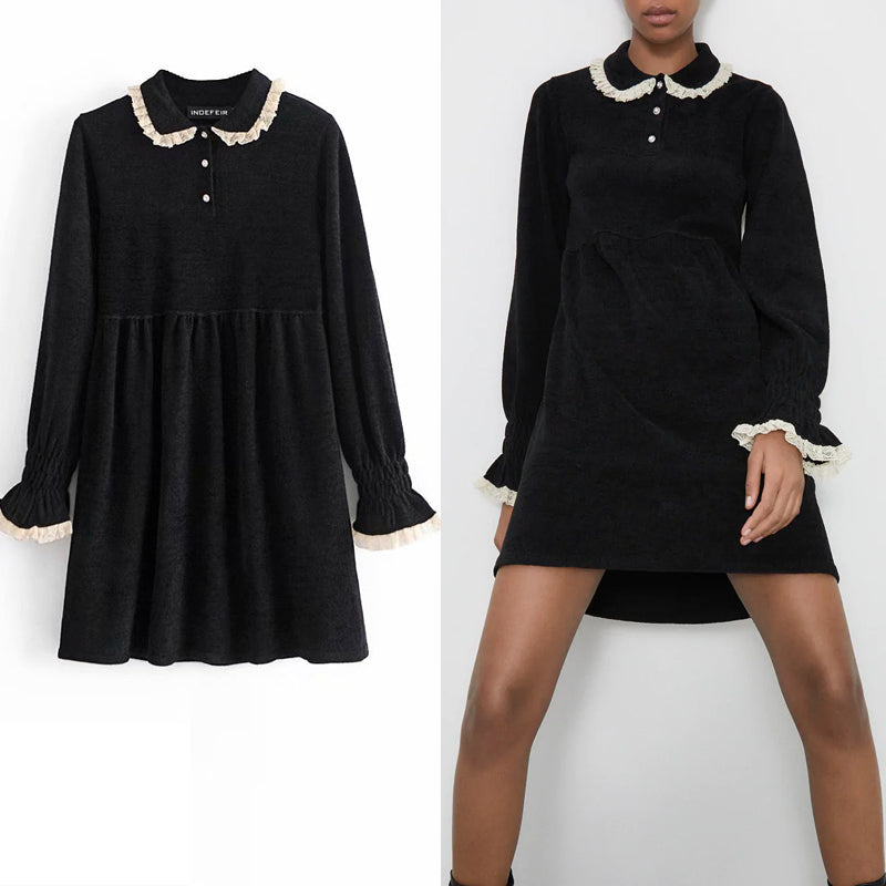 dresses Black Mini Knit Women Long Sleeve Lace Applique Jewel Button Office Lady es Woman Chic Vintage Autumn Vestido