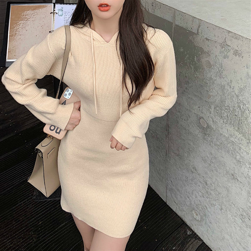 dresses Mini Sweater Women&#039;s Hood Casual Long Sleeve Office Knitted Female Elegant One-piece Dress Korean Autumn Winter