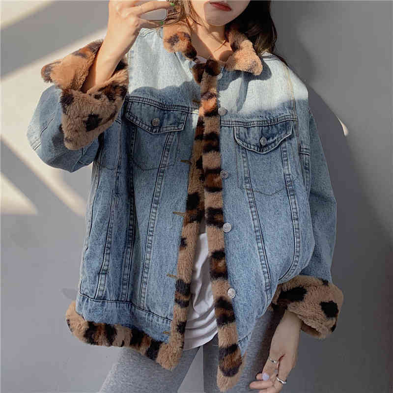 jackets Warm Stylish Cowboy Women Winter Retro Thicken Office Lady High Street Coats Vintage Leopard Tops