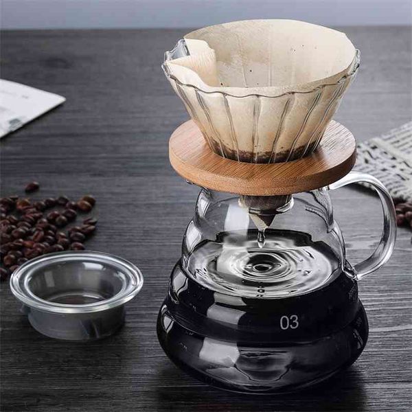 700ML-500ML-300ML Wooden Brackets Glass Coffee Dripper and Pot Set Japness Style V60 Glass Coffee Filter Reusable Pour Over 210331