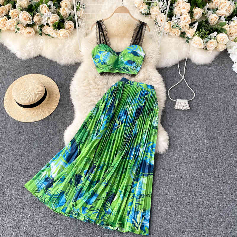 skirts Summer Bohemian Women Floral Printed Short Strapless Lace Crop Tops + High Waist Pleated Long Skirt Two Piece Set