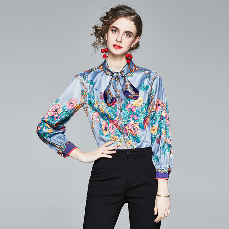 knits Design Women Satin Shirt Office Ladies Bow Tie Collar Long Sleeve Chains Flower Print Female Vintage Tops And Blouses