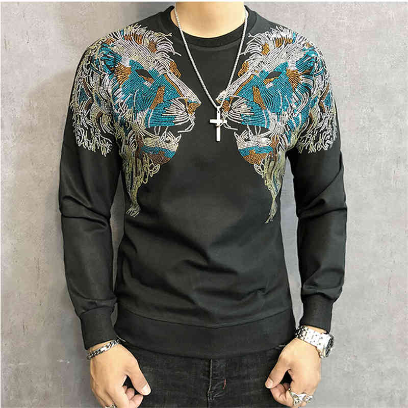 hoodie European style Men&#039;s Sanitary Clothes Autumn Heavy Dual Lion Head Ironing Drill Round-necked Long Sleeve hoodies Sweatshirt