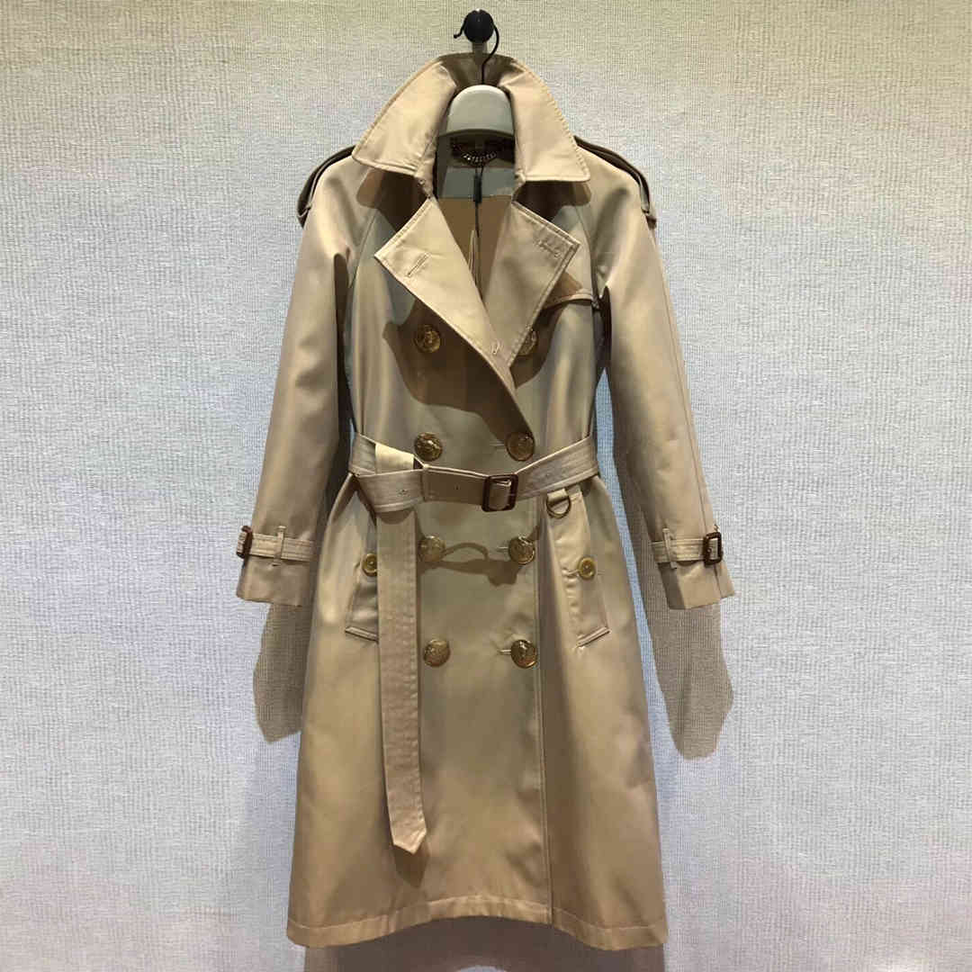 leather est high-end waterproof long trench coat women lapel Bird embossed metal button slim belt fashion office lady coats overcoat