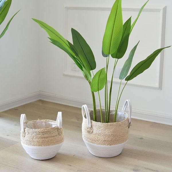 Nordic Handmade Straw Laundry Picnic Toy Storage Basket Macrame Woven Flower Pot Plant Container Planter Home Decoration 210401