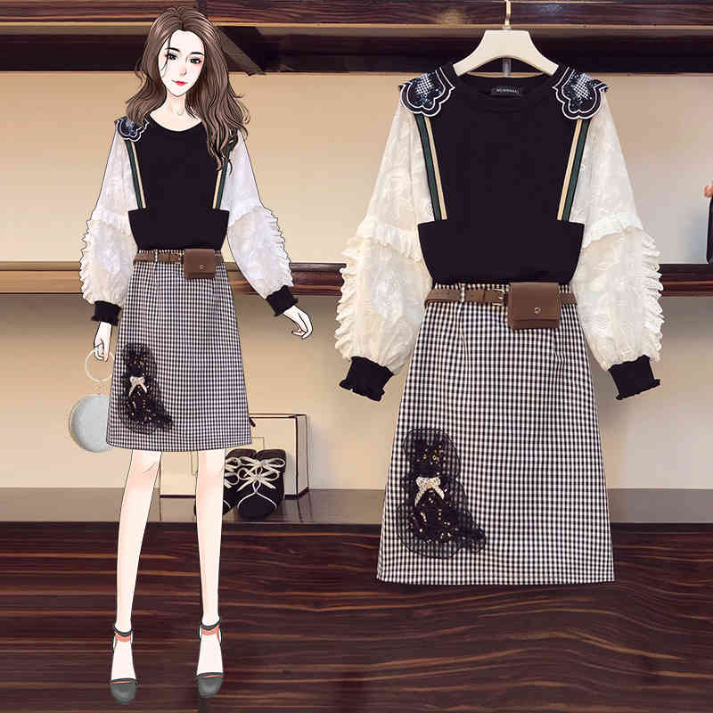 skirts Fashion Sequined Patchwork Women Two Piece Sets Lantern Sleeve Embroidery Sweater Top + Midi Plaid Skirt Suit With PU Sashes Bag