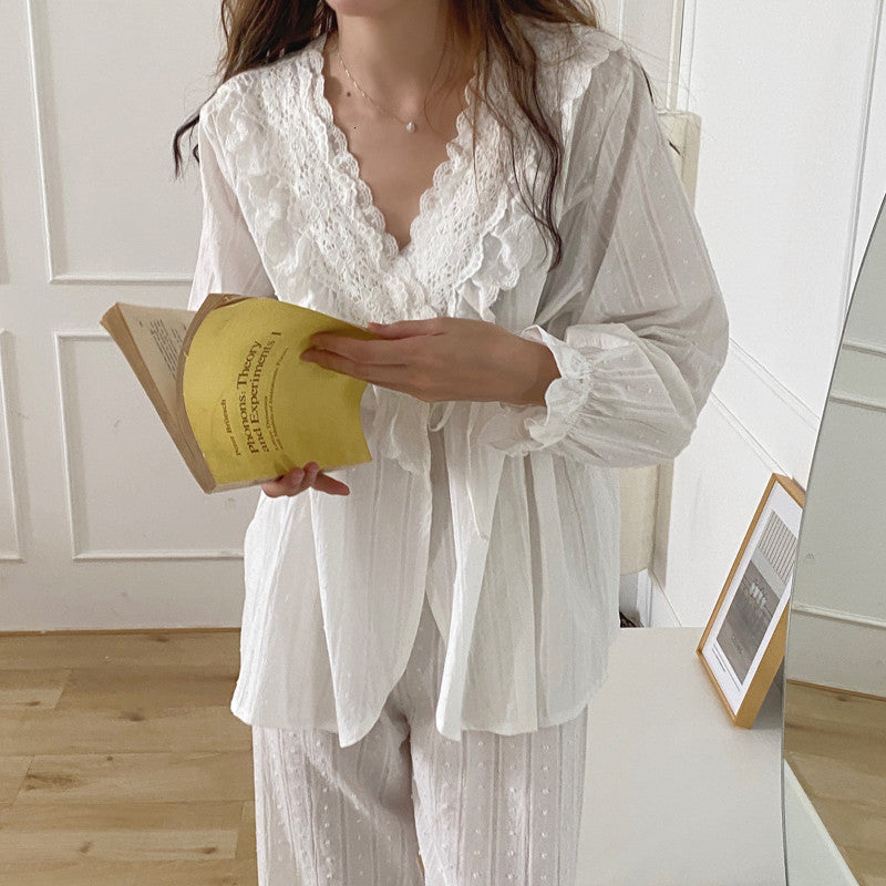 sleepwear Korean Autumn Lace Elegant Pure Color Women Cotton Sweet Style Pajamas Set Home Clothes