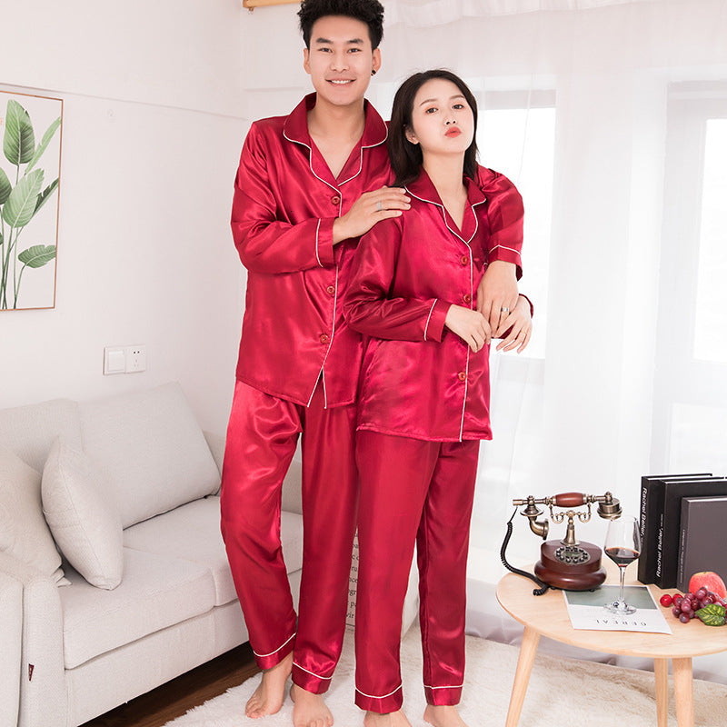 sleepwear Silk Satin Men Pajamas Set Fashion Couple Solid Color Long Sleeve Suit Casual Two-Piece Pyjama Autumn Elastic Homewear