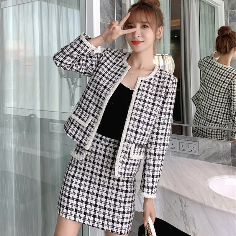 skirts Vintage Houndstooth Tweed 2 Piece Set Women Plaid Woven Hidden Button Wool Jacket Coat + Bodycon Skirt Suit Green White Outfit