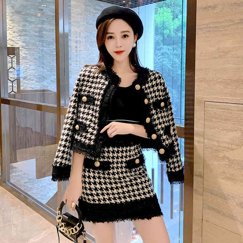 skirts Autumn Winter Women Houndstooth 2 Pieces Clothing Sets Ladies Woolen Tweed Plaid Jacket Coat+Golden Button Short Skirt Set