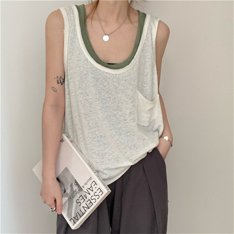 tanks Basic Pockets Casual Girls Chic Loose All Match Camis Thin Summer Solid Female Sleeveless Women Tank Tops
