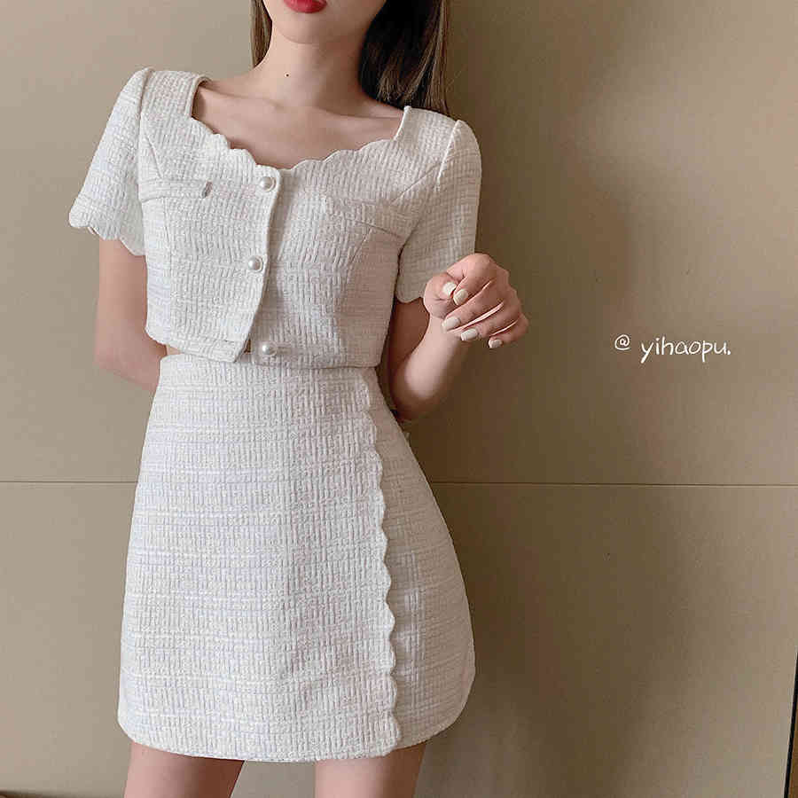 skirts Vintage Women White Tweed Two Piece Set Short Sleeve Crop Tops + High Waist A-line Skirt Suit Female Elegant 2