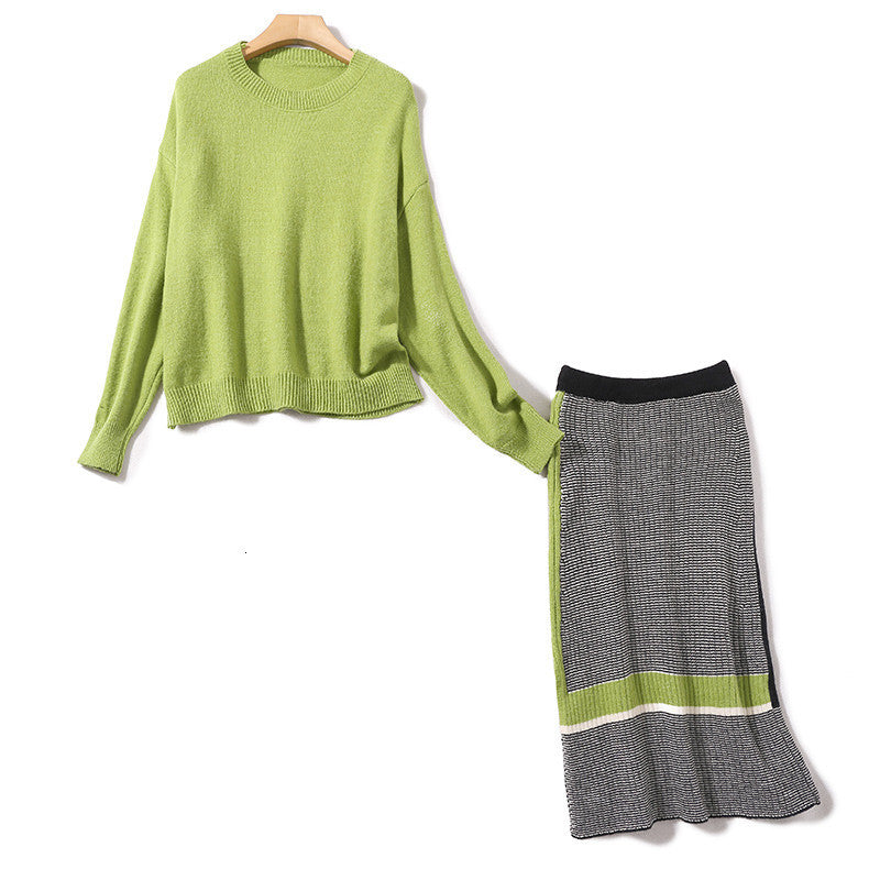skirts Small Fragrant Knitted Wool Two Pieces Sets Outfits Women Autumn Solid Pullover Sweater+Color Collision Split Midi Skirt Set