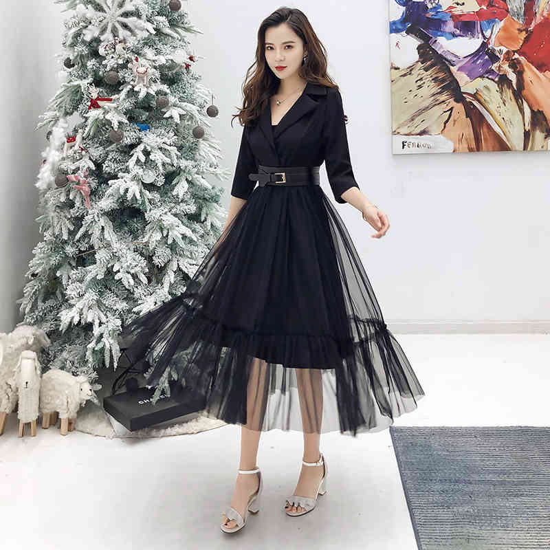 dresses Chic Elegant OL Notched Collar Blazer Patchwork Tulle Mesh Party Office Trend Women High Waist Belt Long