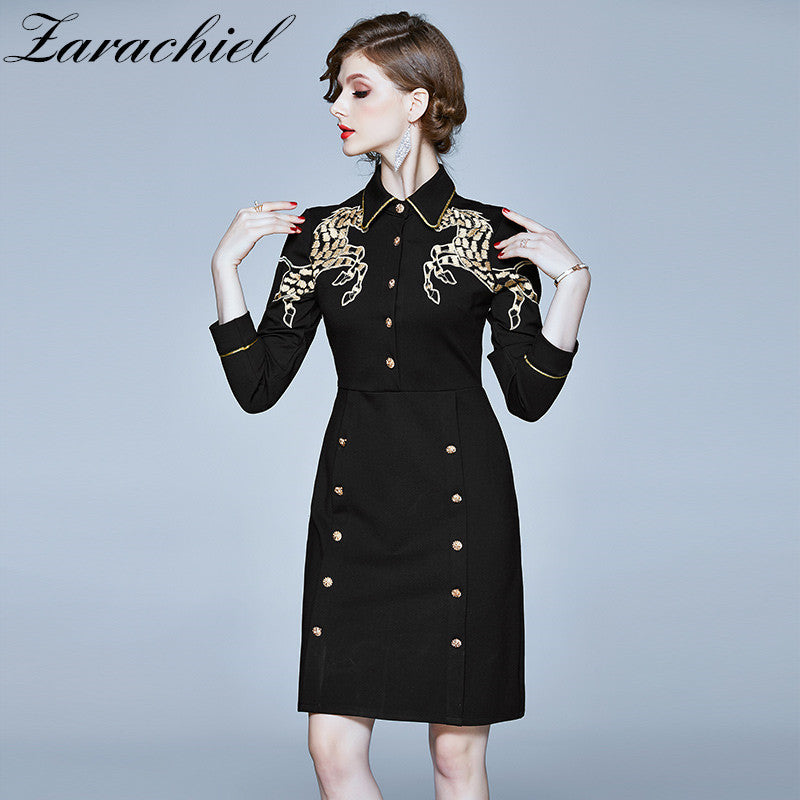 dresses Spring Office Lady Golden Button Horse Embroidery Women Autumn Wrist Sleeve High Waist Female Vintage Business