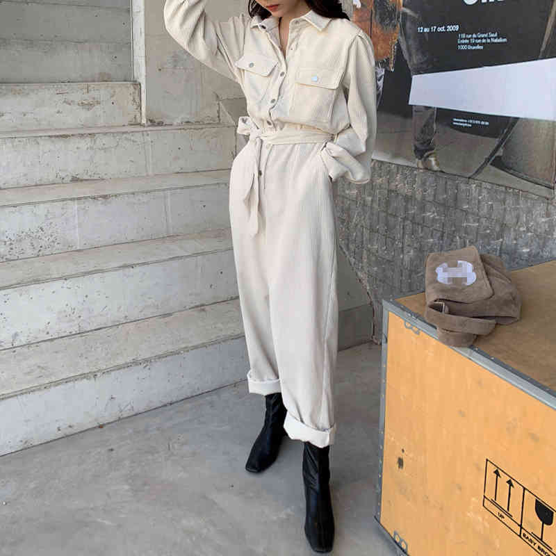 sweaters L Autumn Long Sleeve Lapel Women Casual Jumpsuits High Waist Corduroy Rompers Overalls Solid Office Lady