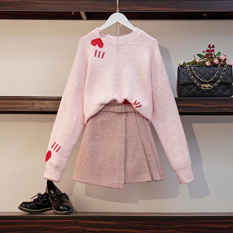 skirts Preppy Style Loose Knitting Heart Pattern Sweater Top + Sashes Wool A-line Mini Women Trendy 2 Piece Pink Skirt Set