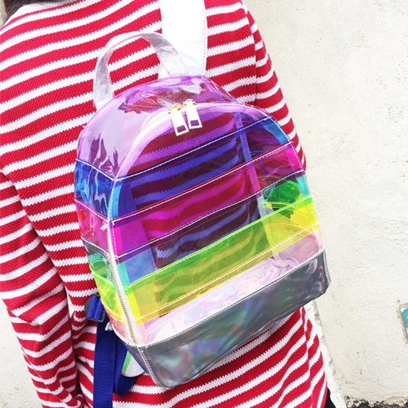 School Bags Rainbow Color Transparent PVC Backpack Shoulder Bookbag For Children Girls Boys Storage Backpacks Striped Satchel