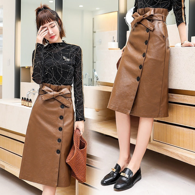 suits Elengant High Waist Leather Penci Skirt Women Multi Button Wrapped Skirts Mujer Faldas Solid Pockets Femme Jupes New