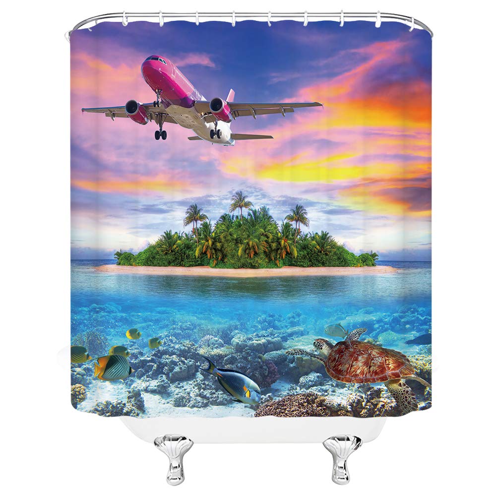 Ocean Shower Curtain Palm Tree Island Airplane Sea Turtle Fish Tropical Vacation Travel Theme Polyester Cloth Fabric Set 70Ã70