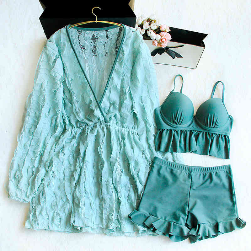 swimwear female strip supporting small chest together bikini three-piece blue lace dress smock bubble spring holiday