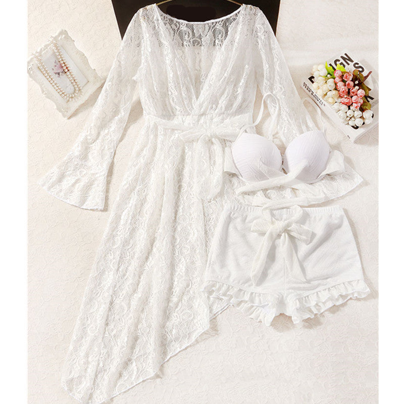 swimwear fairy fan fat bigger sizes fission three-piece bubble spring bathing suit women hide belly thin type together