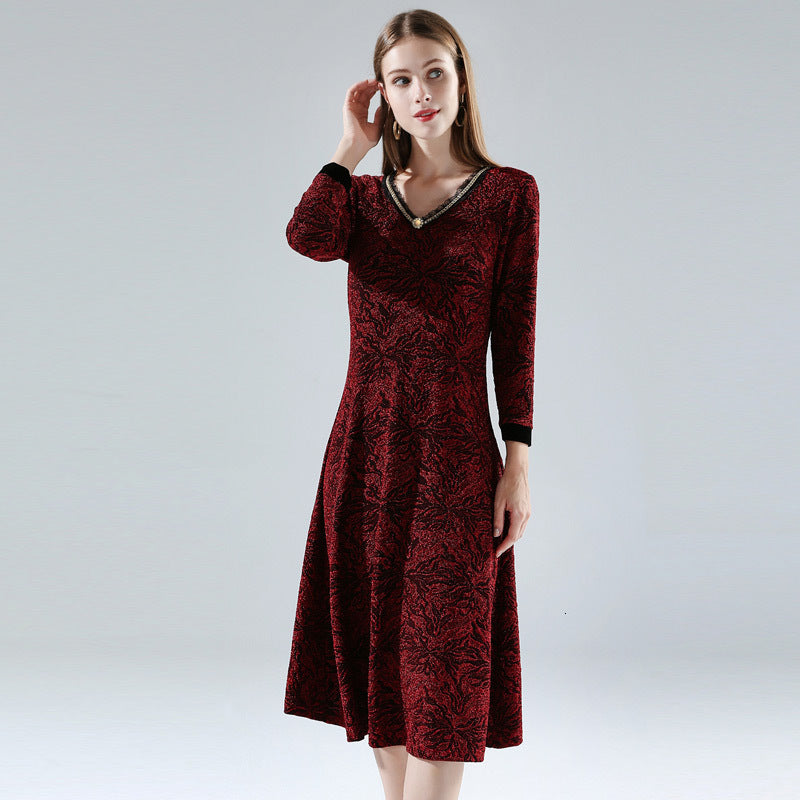 dresses Female Autumn Winter Clothes Women V-Neck Lurex Yarn Knitting Full Sleeve Casual Long Sweater Wine Red Khaki