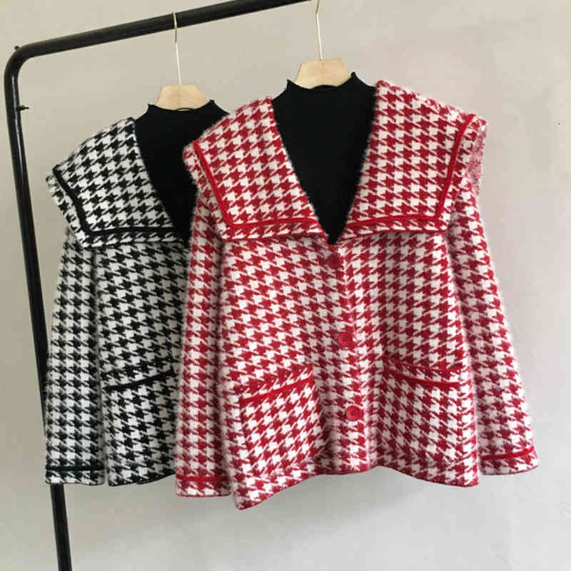 sweaters Womens Swallow Gird Woolen Sweater Coat Korean Lapel Thick Knitted Cardigan Red Black Houndstooth Outerwear