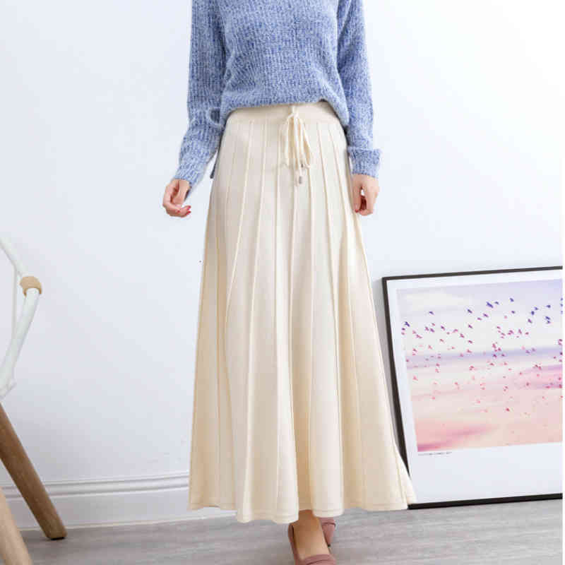 skirts Autumn Winter Thick Drape A-line Maxi Pleated Knitted Draw String Soft Swing Ankle Long Knit Skirts Coffee Gray
